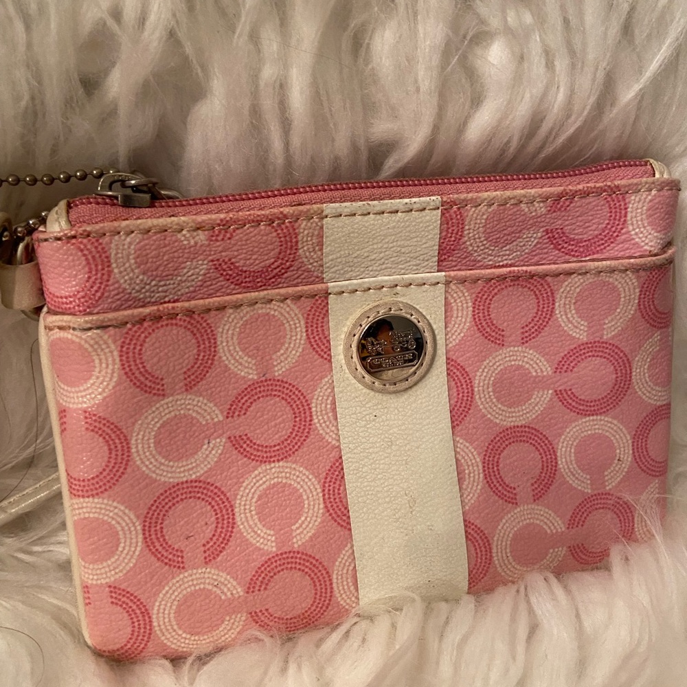 Coach Pink and Cream Circle Pattern Wristlet
